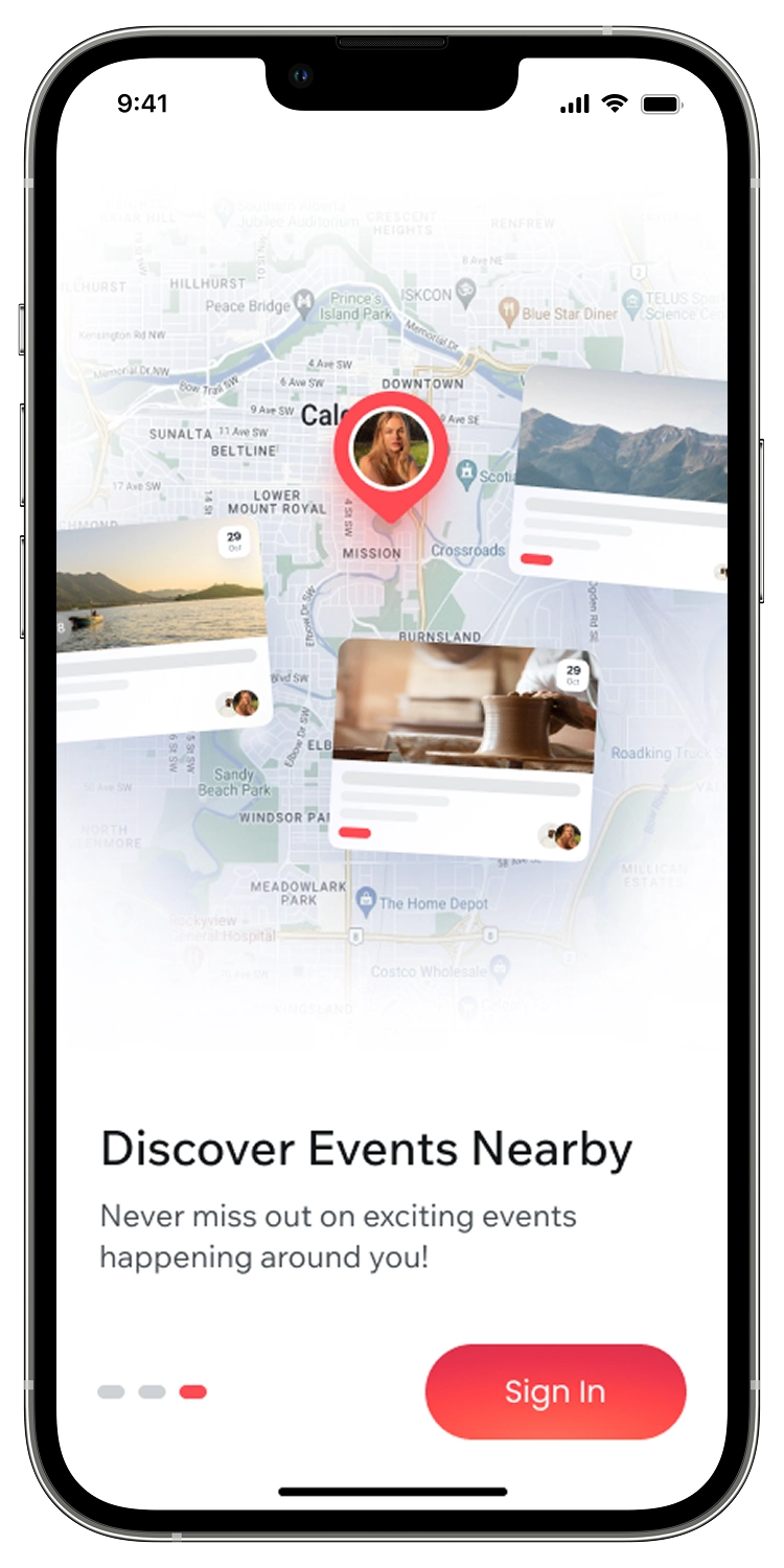 Fimijo discovery preview showing local events on a map