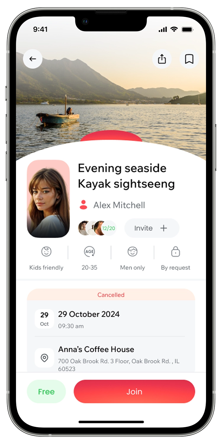 Fimijo event details showing the host, date, and location