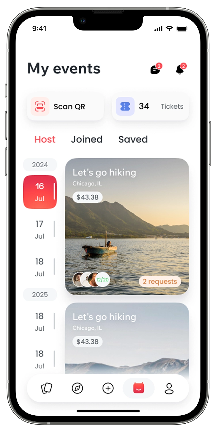 Fimijo My events screen with hosted, joined, and saved event tabs